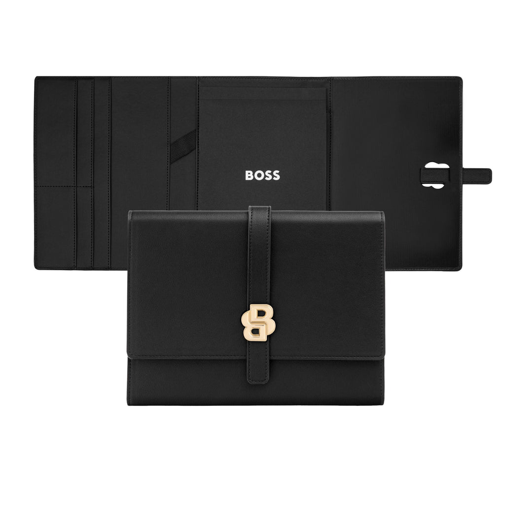 Gift for women BOSS black A5 folder with gold-plated Double B logo