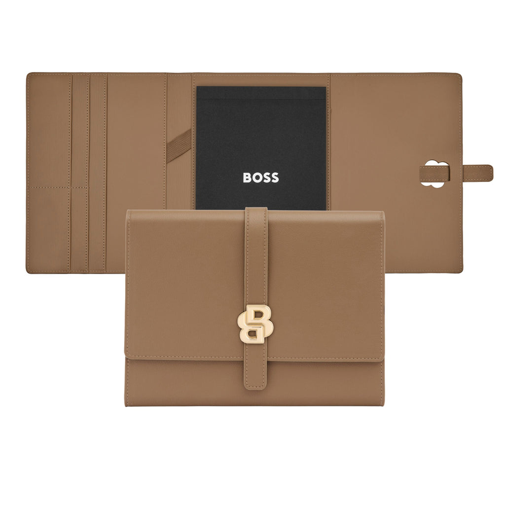 BOSS women's camel color A5 Folder with gold-plated Double B logo