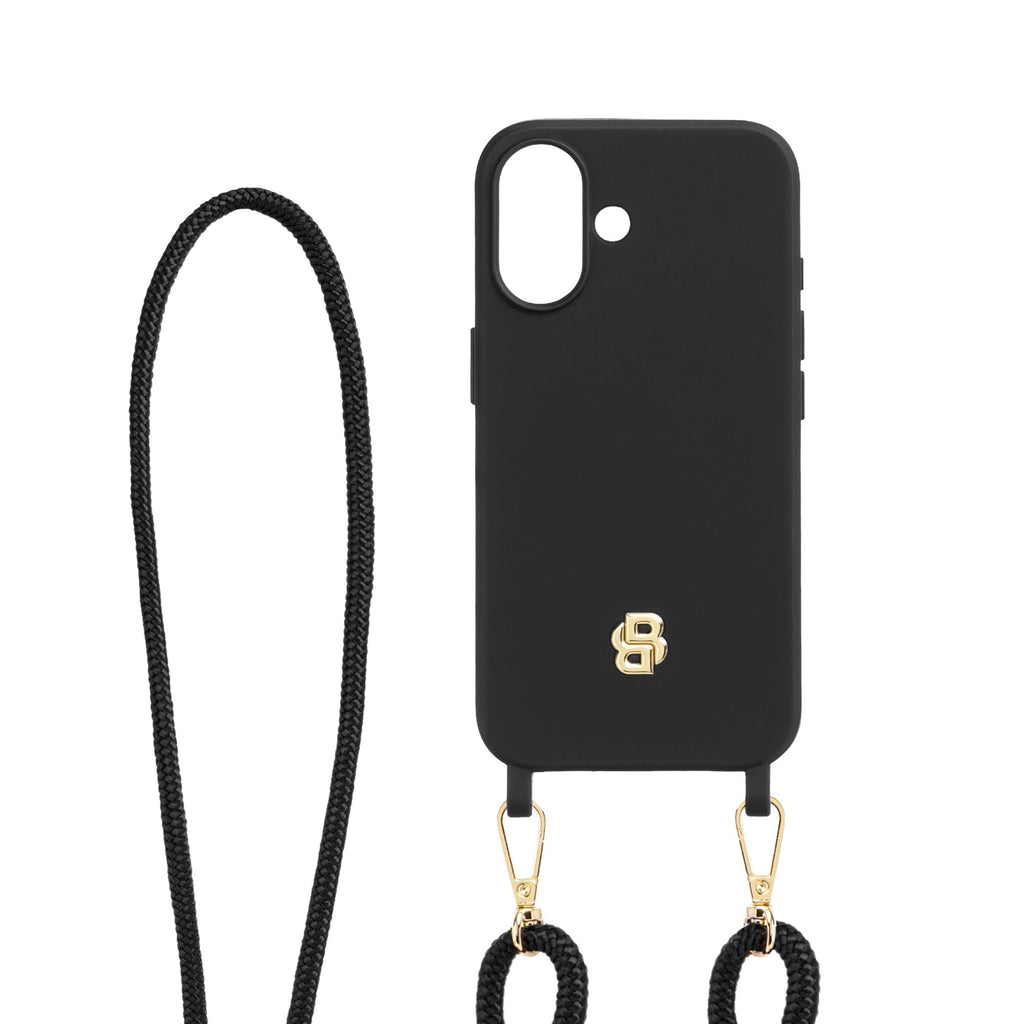 BOSS black phone case for iPhone 16 with gold Double B rubberized logo