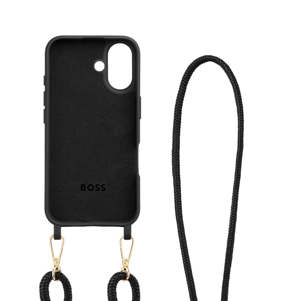 BOSS black phone case for iPhone 16 with gold Double B rubberized logo