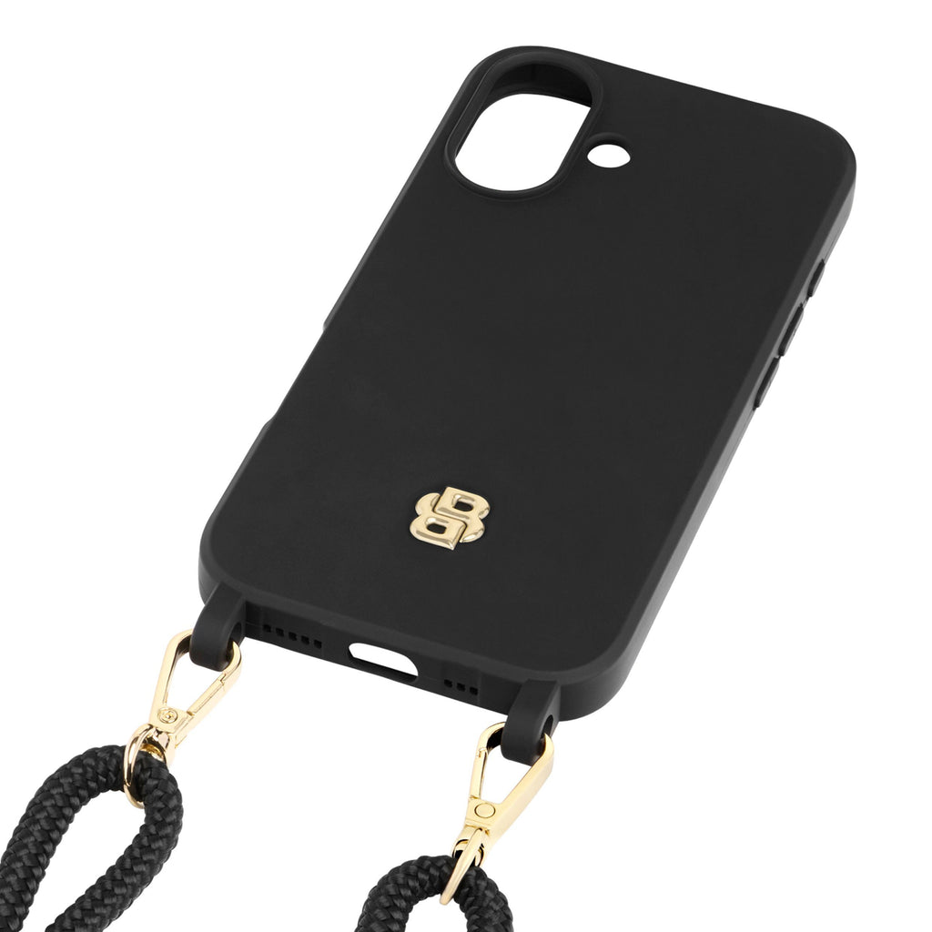 BOSS black phone case for iPhone 16 with gold Double B rubberized logo