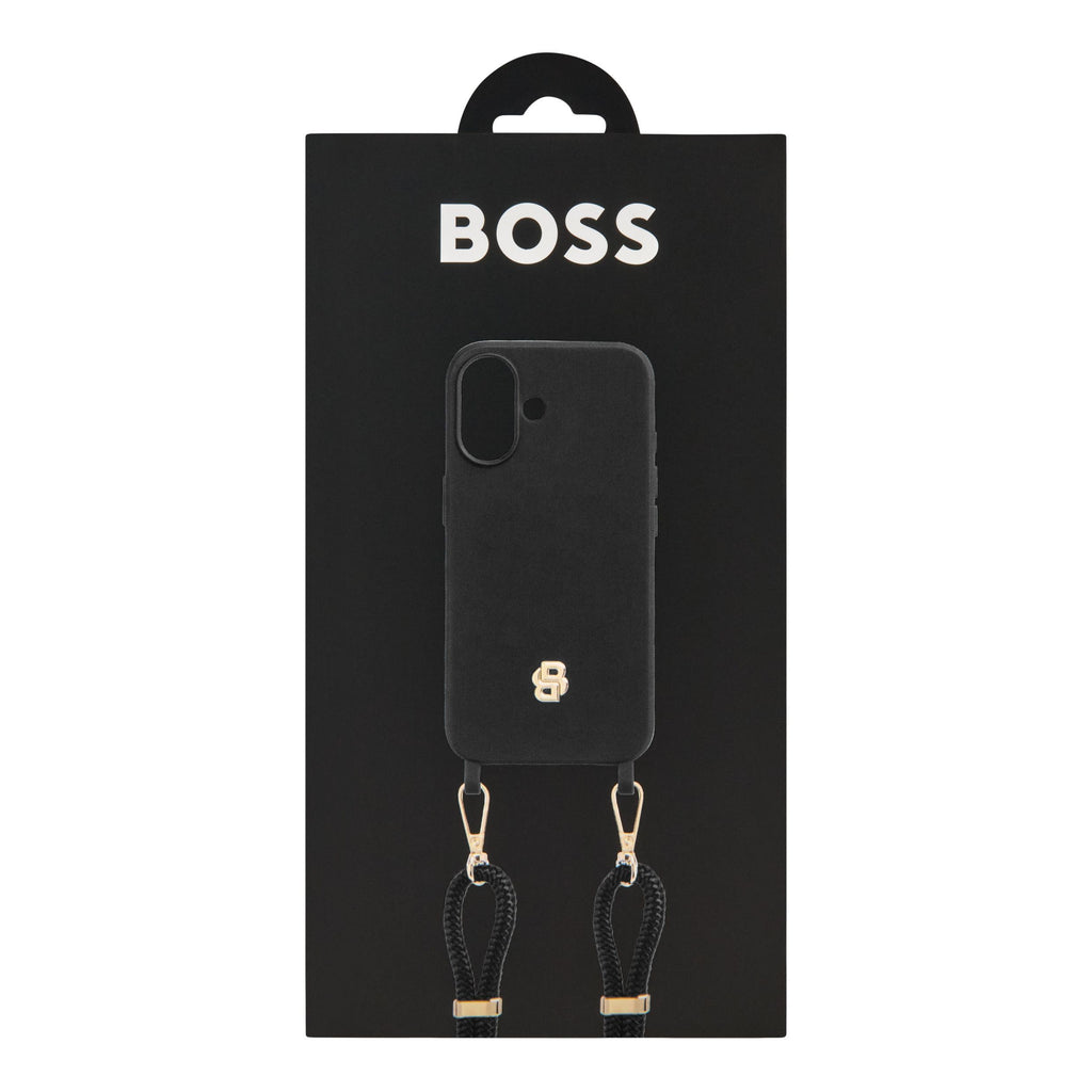 BOSS black phone case for iPhone 16 with gold Double B rubberized logo