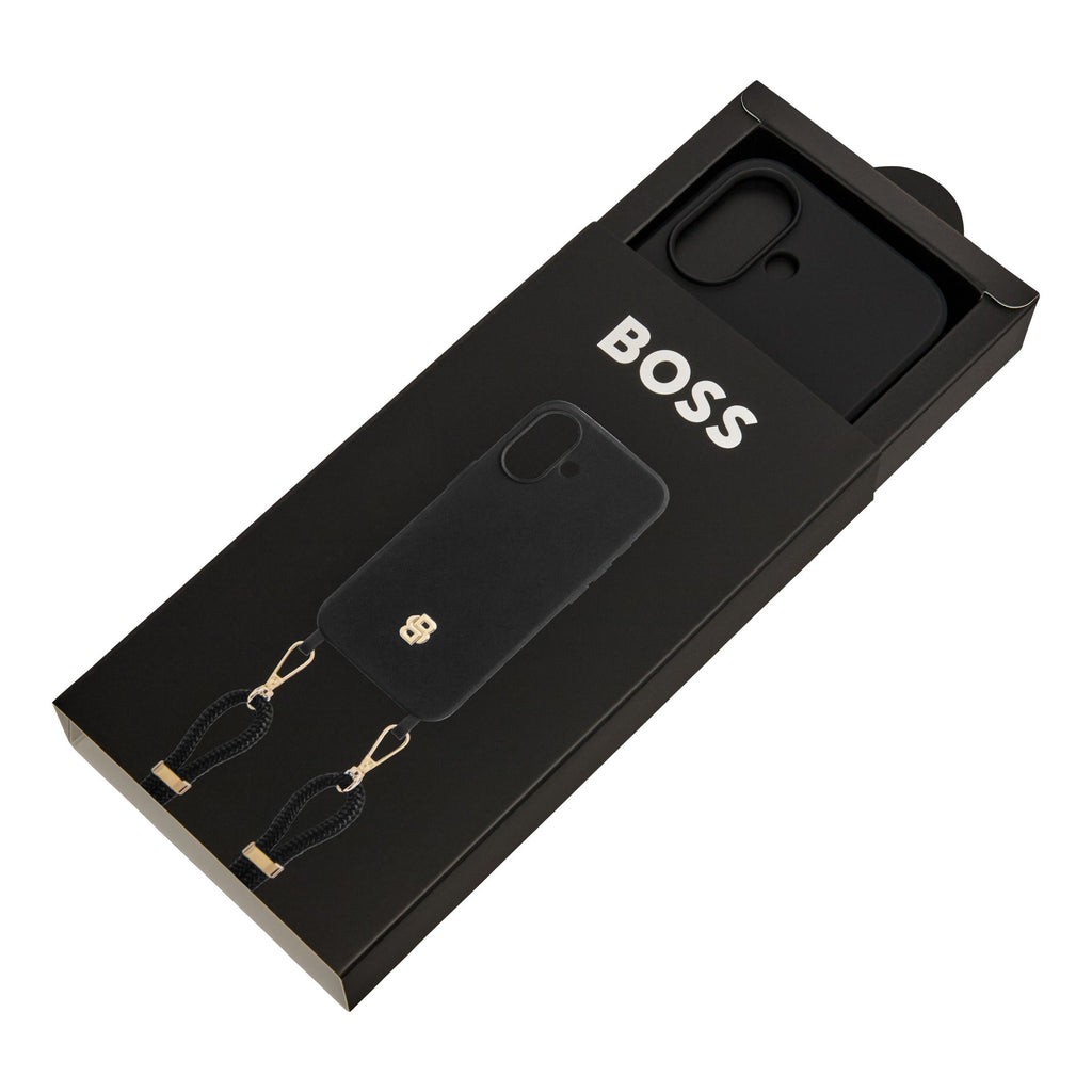 BOSS black phone case for iPhone 16 with gold Double B rubberized logo