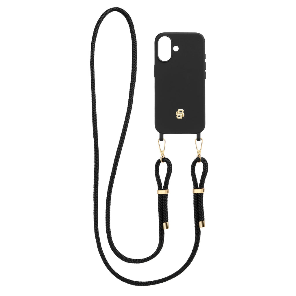 BOSS black phone case for iPhone 16 with gold Double B rubberized logo