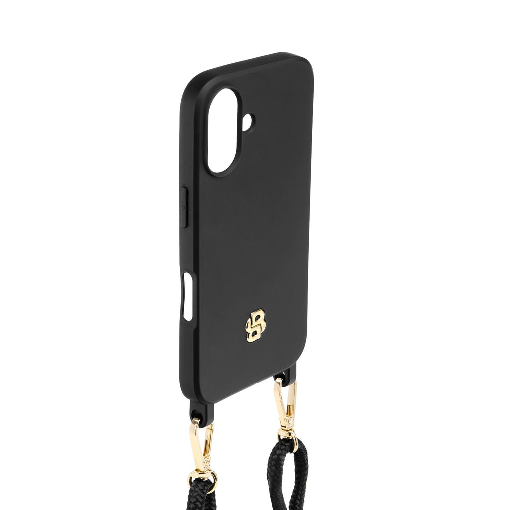 BOSS black phone case for iPhone 16 with gold Double B rubberized logo