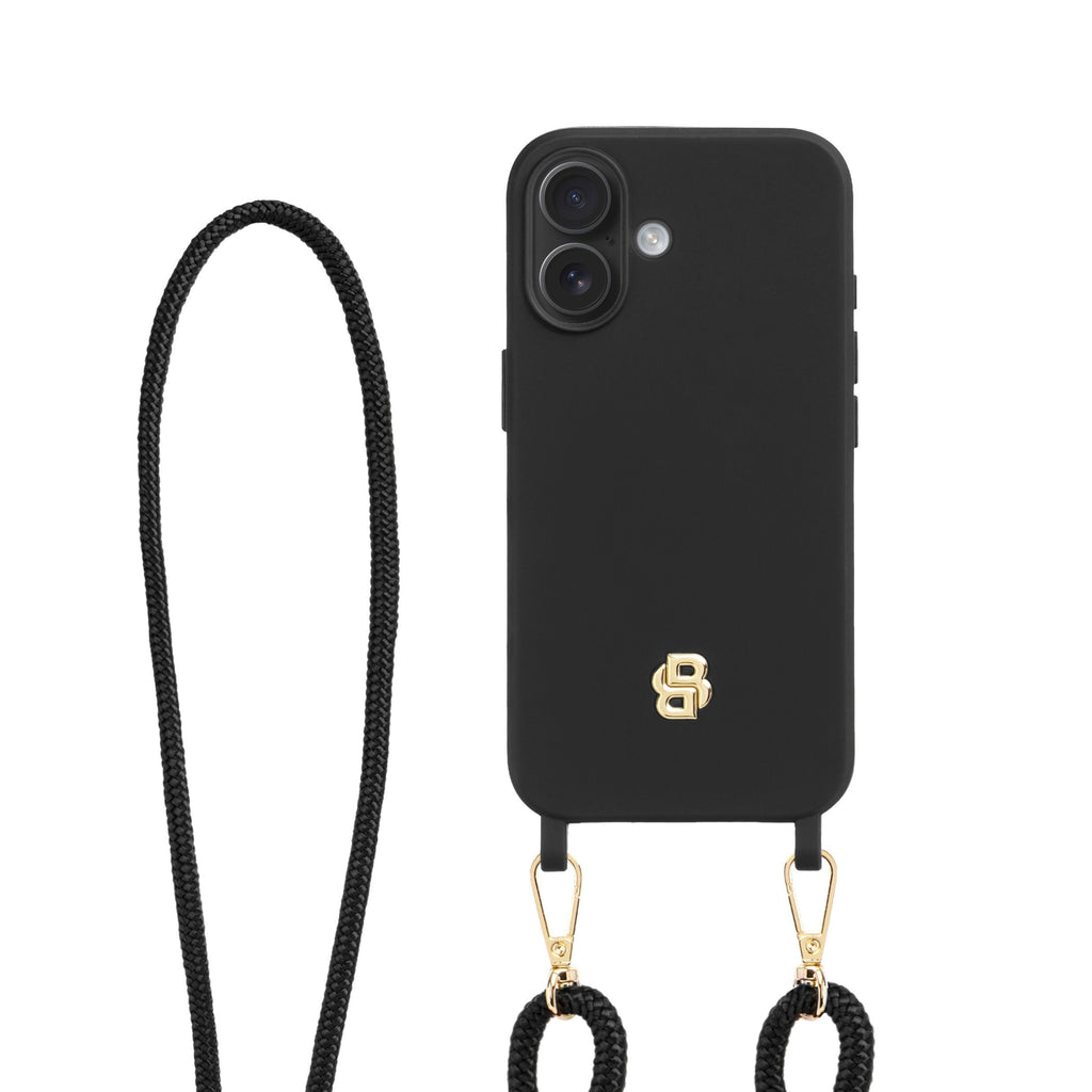 BOSS black phone case for iPhone 16 with gold Double B rubberized logo