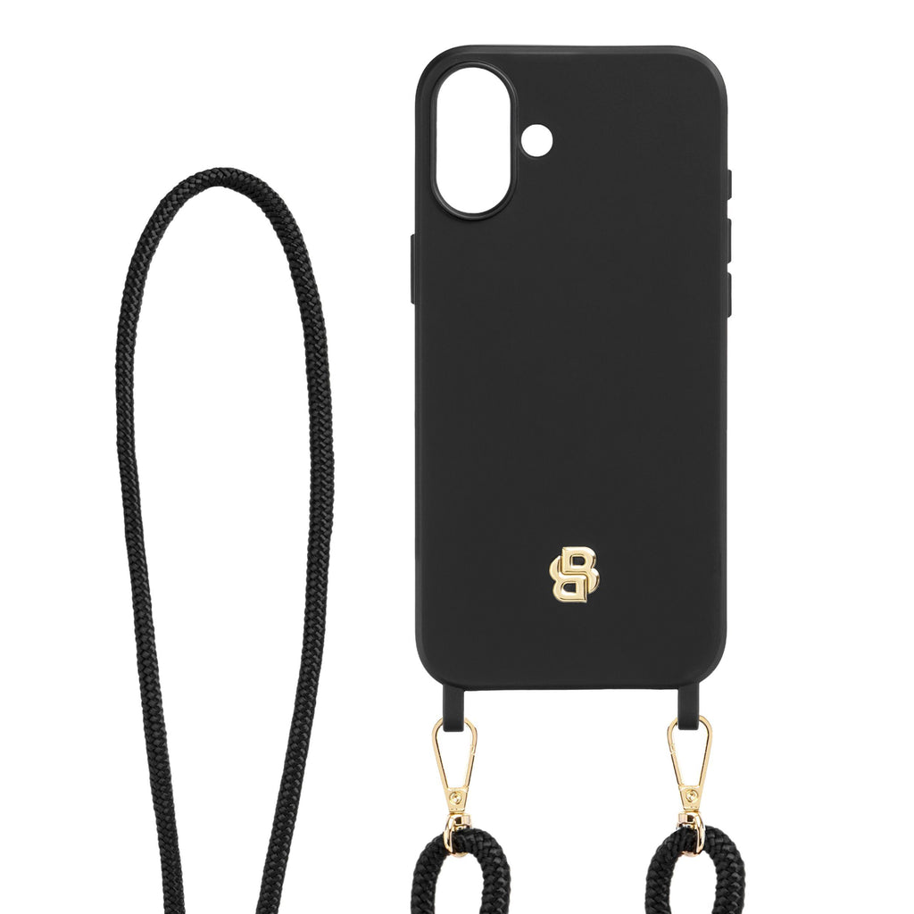 BOSS black phone case for iPhone 16 Plus Double B with hanging strap