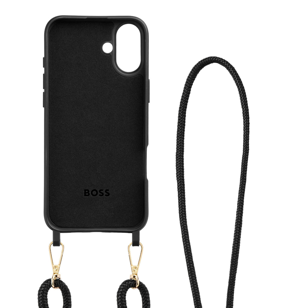 BOSS black phone case for iPhone 16 Plus Double B with hanging strap