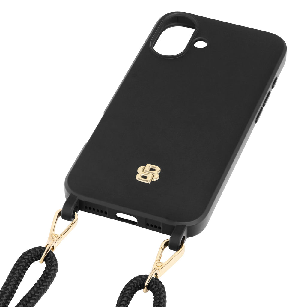 BOSS black phone case for iPhone 16 Plus Double B with hanging strap