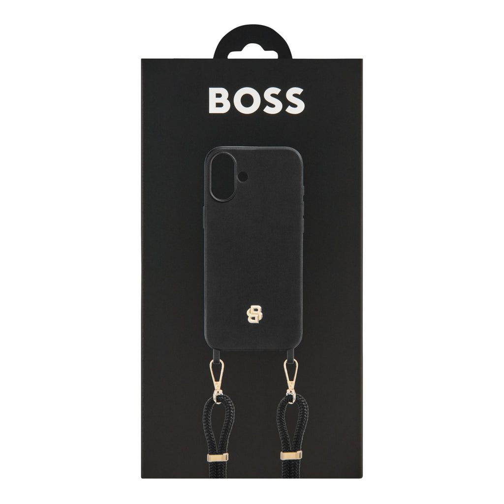 BOSS black phone case for iPhone 16 Plus Double B with hanging strap