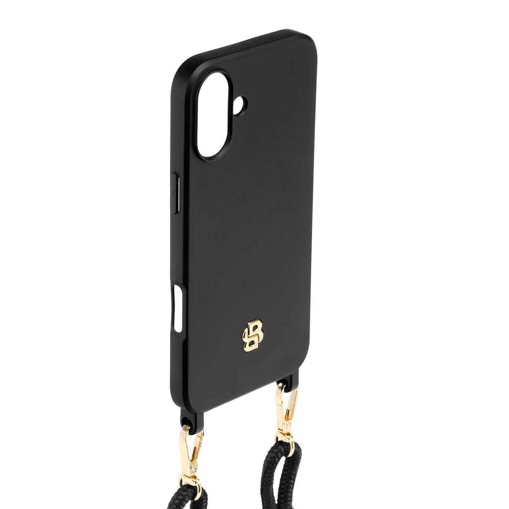 BOSS black phone case for iPhone 16 Plus Double B with hanging strap