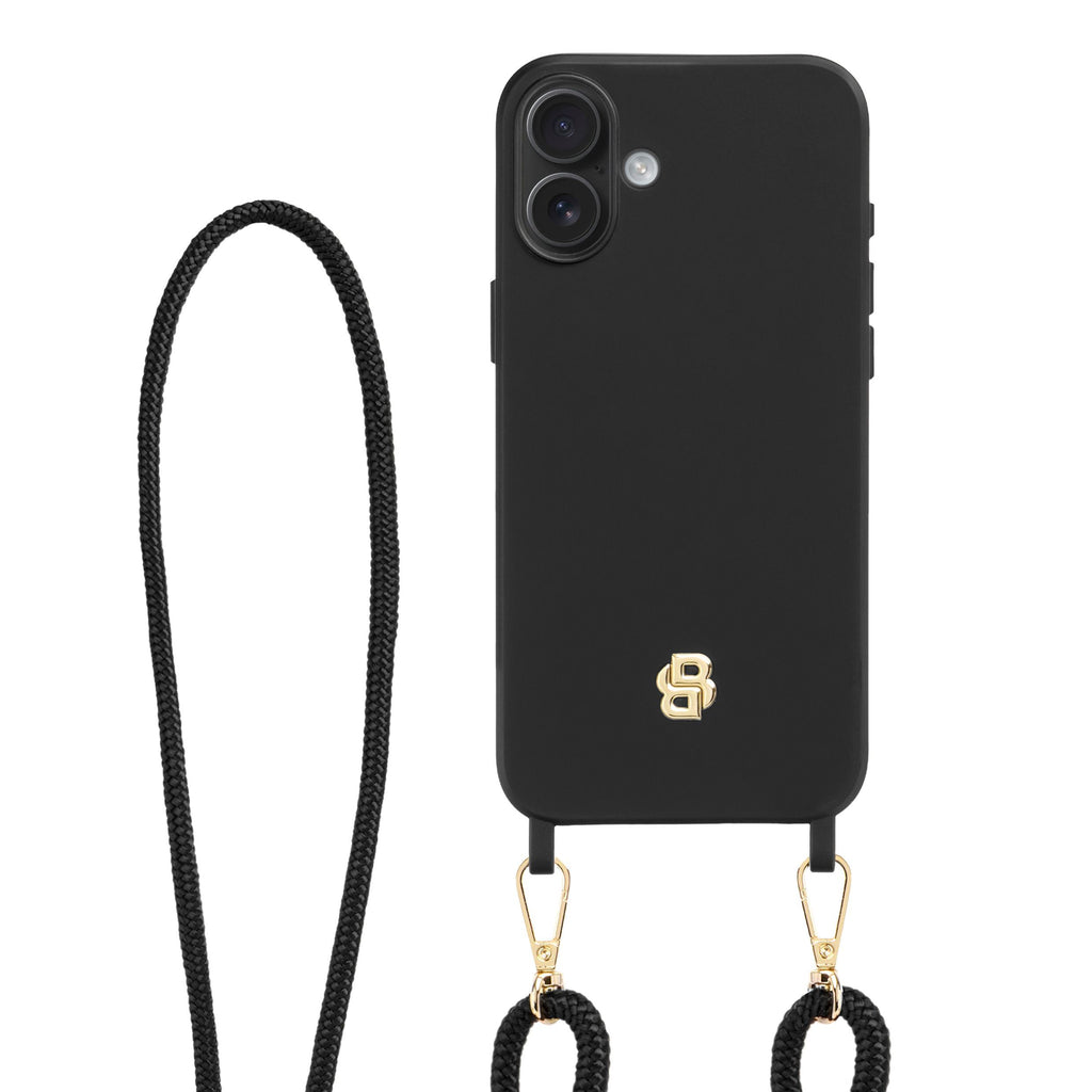 BOSS black phone case for iPhone 16 Plus Double B with hanging strap