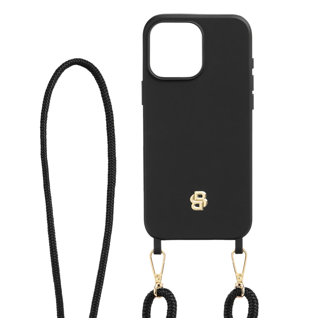 BOSS black phone case for iPhone 16 Pro Max Double B with necklace strap