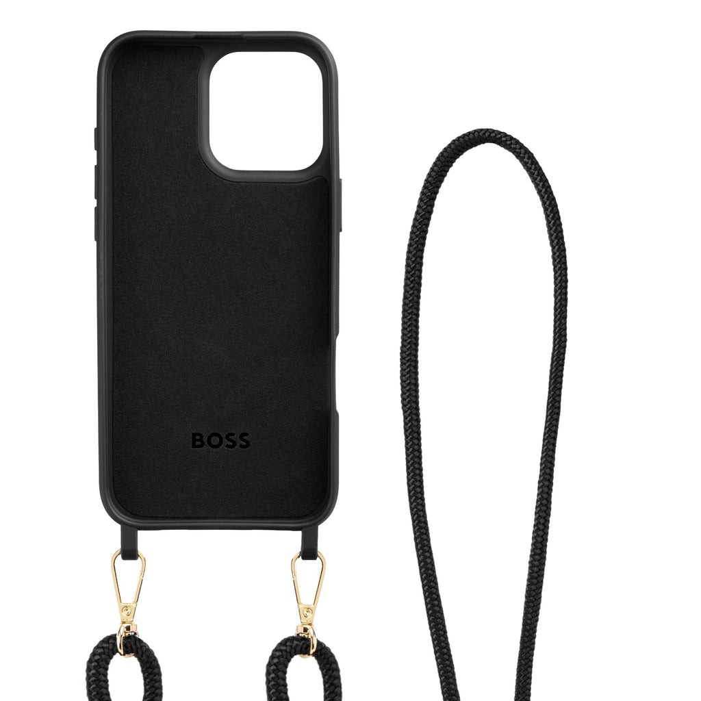 BOSS black phone case for iPhone 16 Pro Max Double B with necklace strap