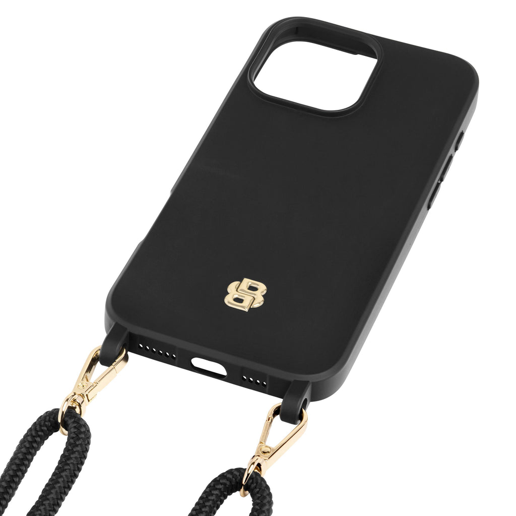 BOSS black phone case for iPhone 16 Pro Max Double B with necklace strap