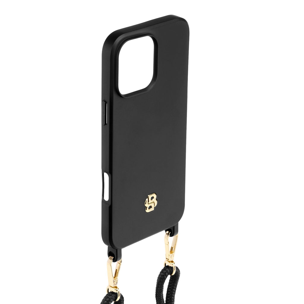 BOSS black phone case for iPhone 16 Pro Max Double B with necklace strap