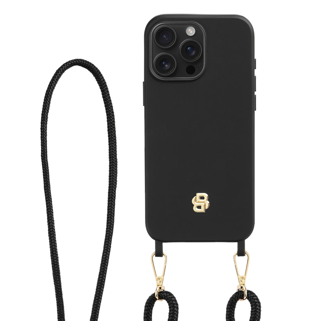 BOSS black phone case for iPhone 16 Pro Max Double B with necklace strap