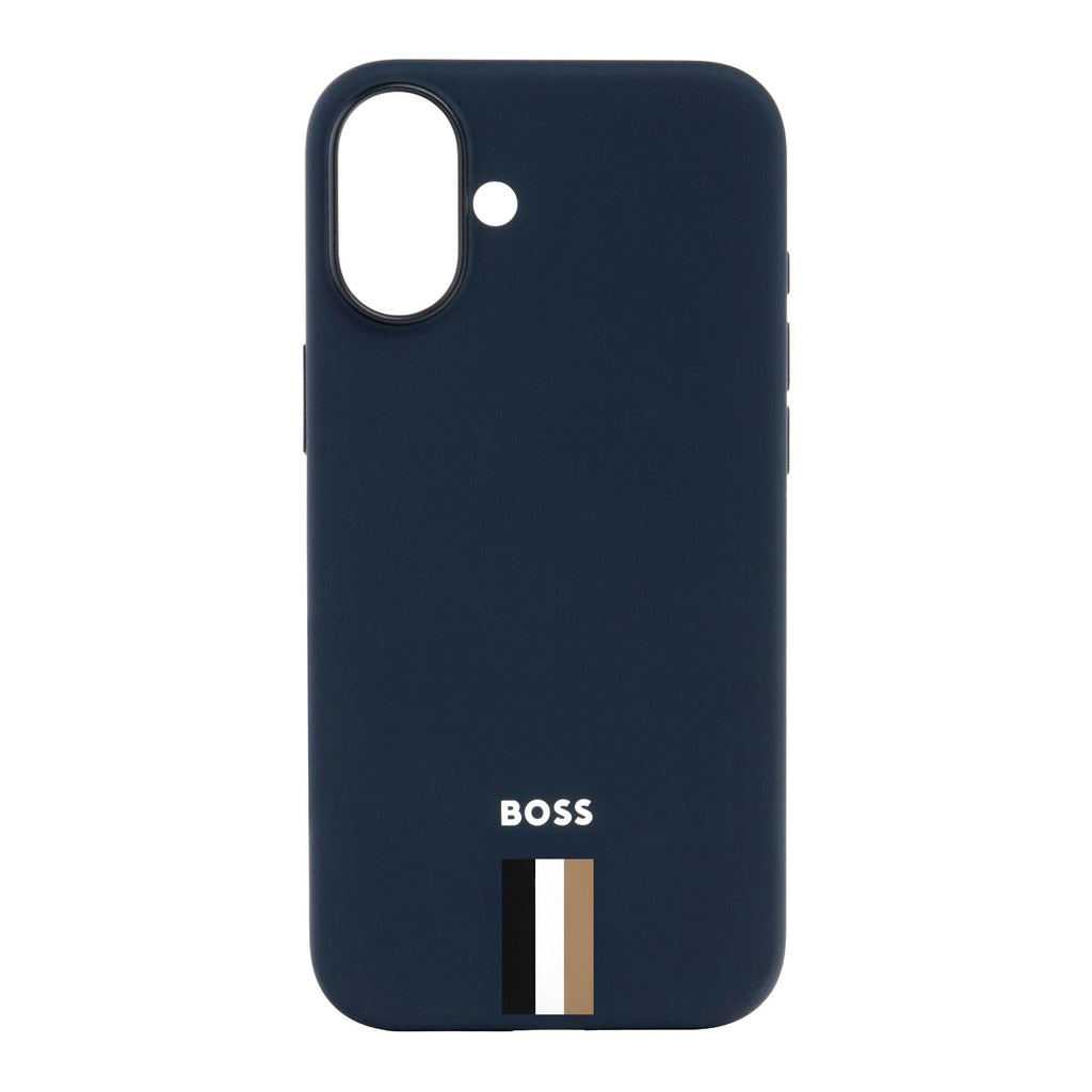 BOSS navy silicone case with iconic color imprinted for iPhone 16 Plus