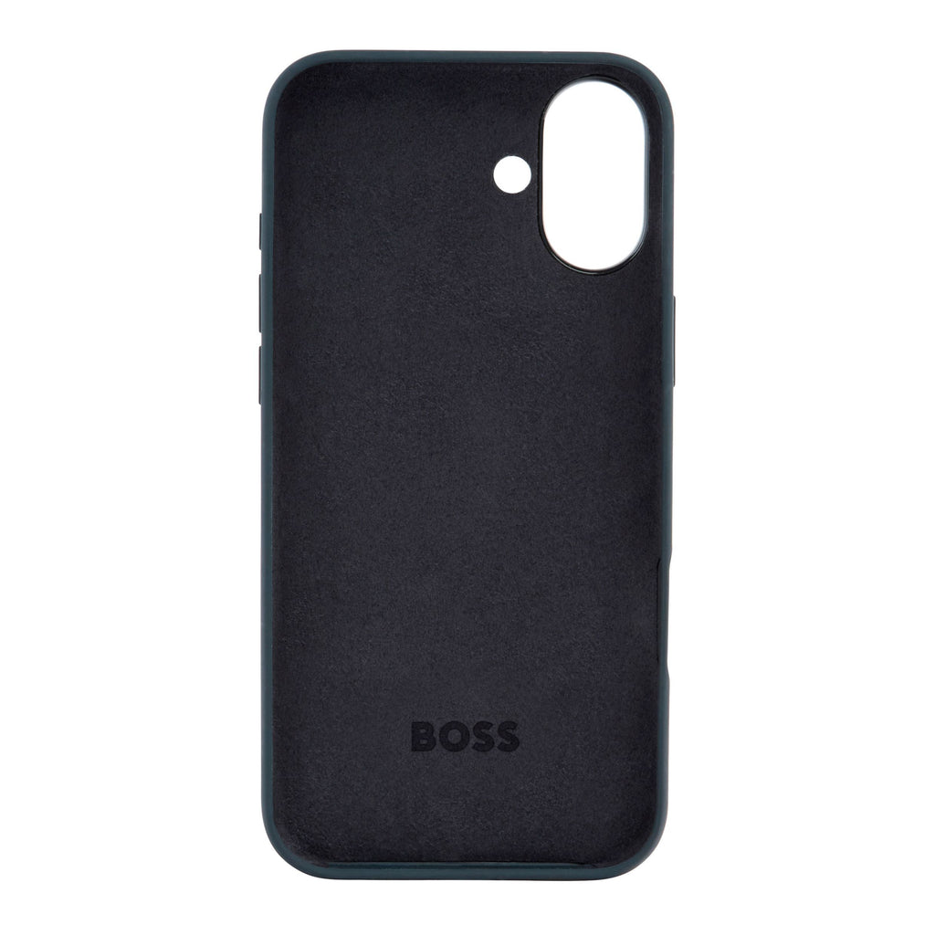 BOSS navy silicone case with iconic color imprinted for iPhone 16 Plus