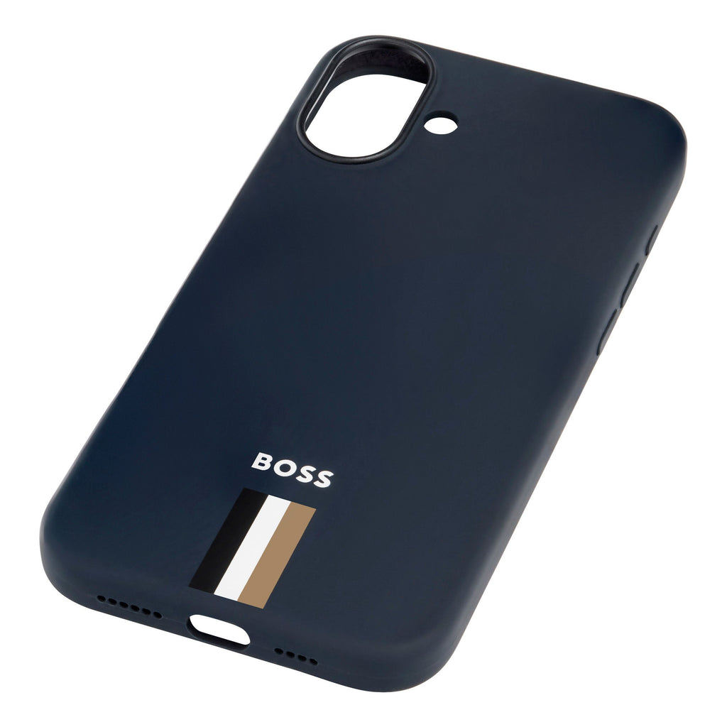 BOSS navy silicone case with iconic color imprinted for iPhone 16 Plus