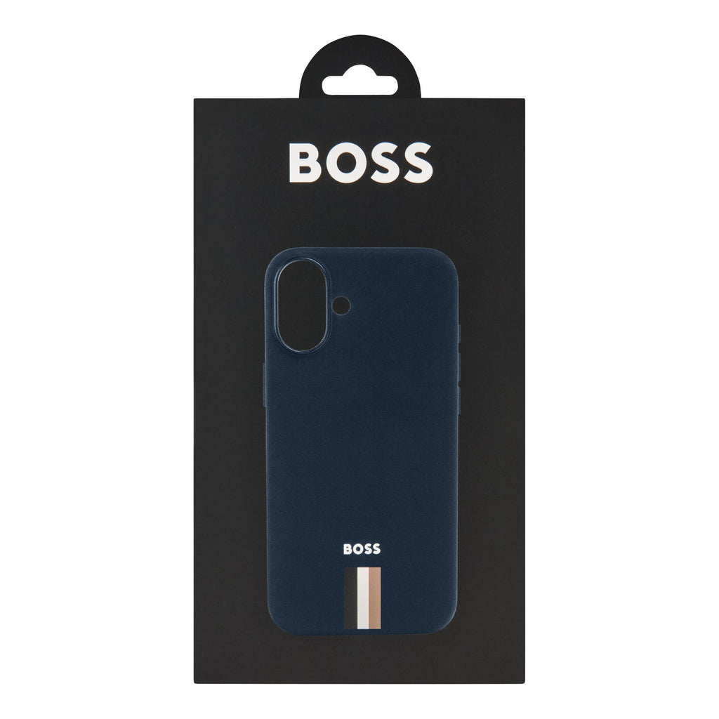 BOSS navy silicone case with iconic color imprinted for iPhone 16 Plus