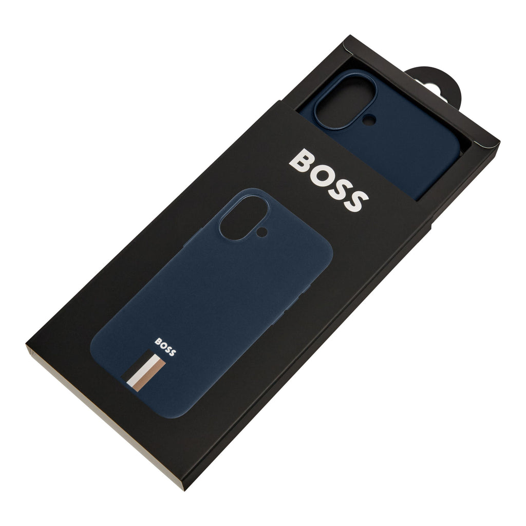 BOSS navy silicone case with iconic color imprinted for iPhone 16 Plus