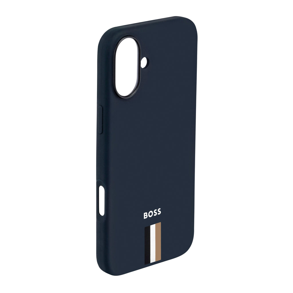BOSS navy silicone case with iconic color imprinted for iPhone 16 Plus