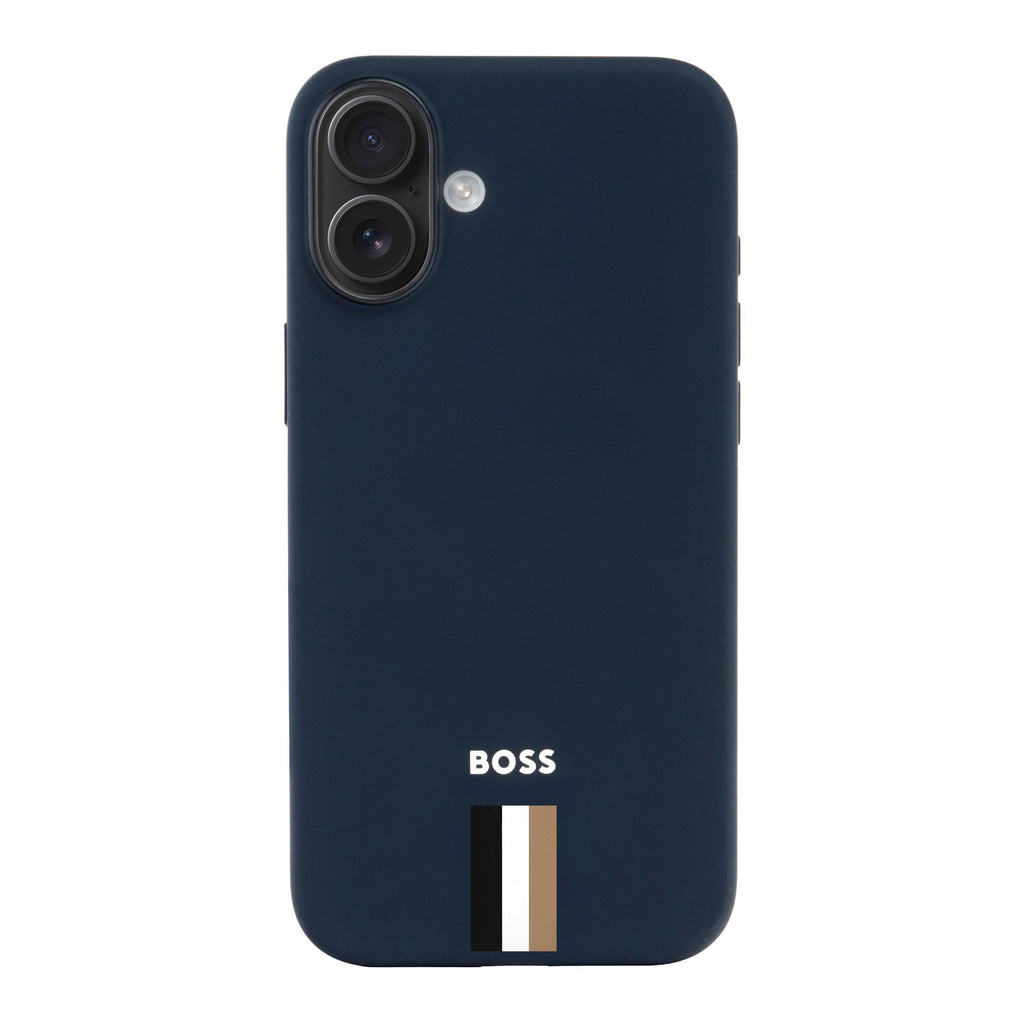 BOSS navy silicone case with iconic color imprinted for iPhone 16 Plus