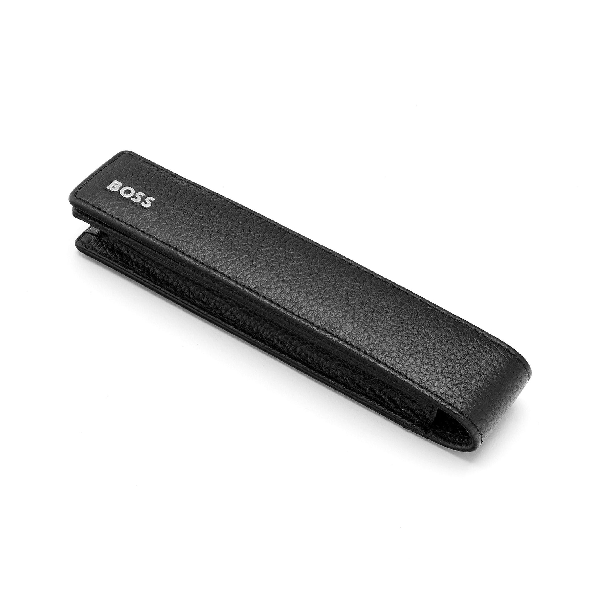 【関税込み】BOSS ブラック レザー エプロントゥ スリッポン BOSS Black Grained leather Single pen pouch with flap