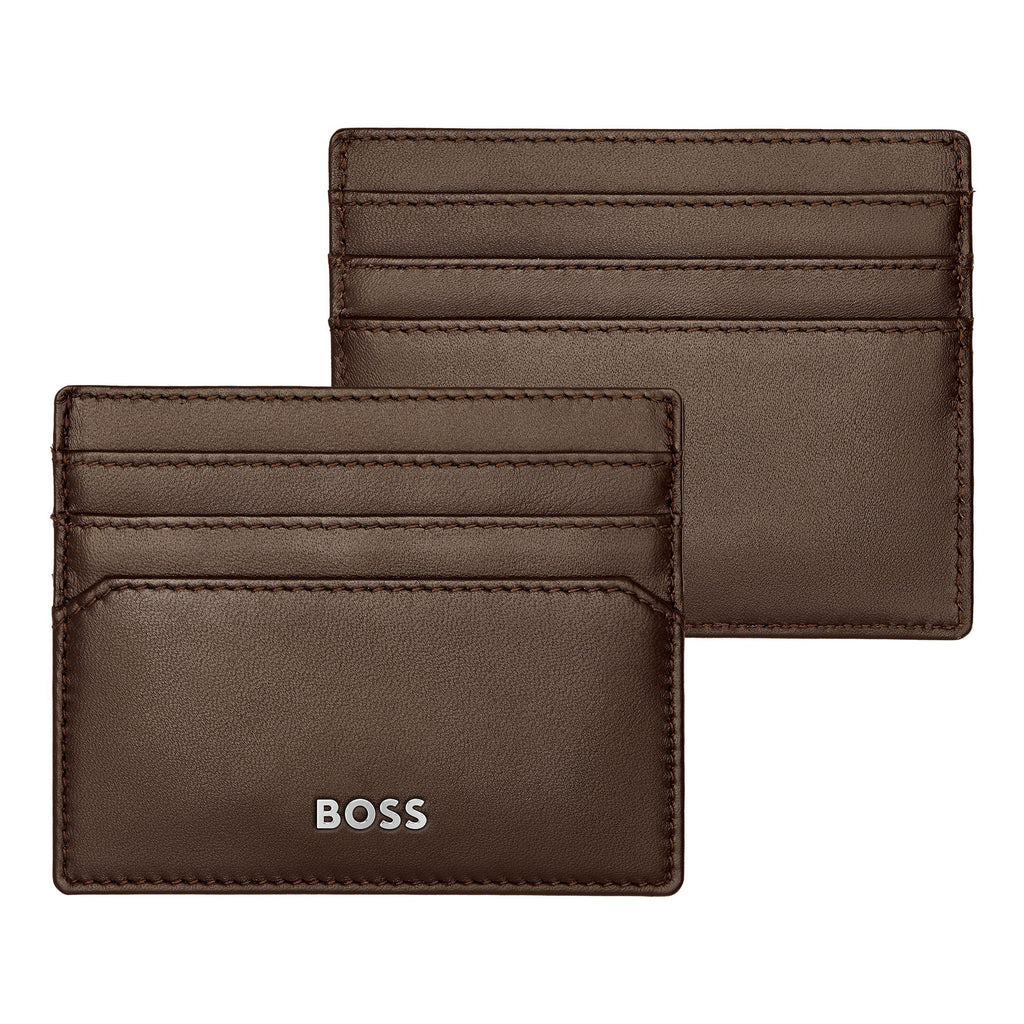 HUGO BOSS Smooth Brown Card holder with polished metal logo Classic