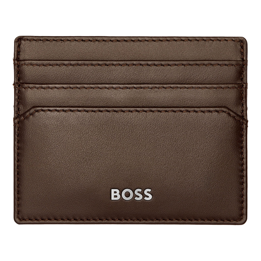 HUGO BOSS Smooth Brown Card holder with polished metal logo Classic