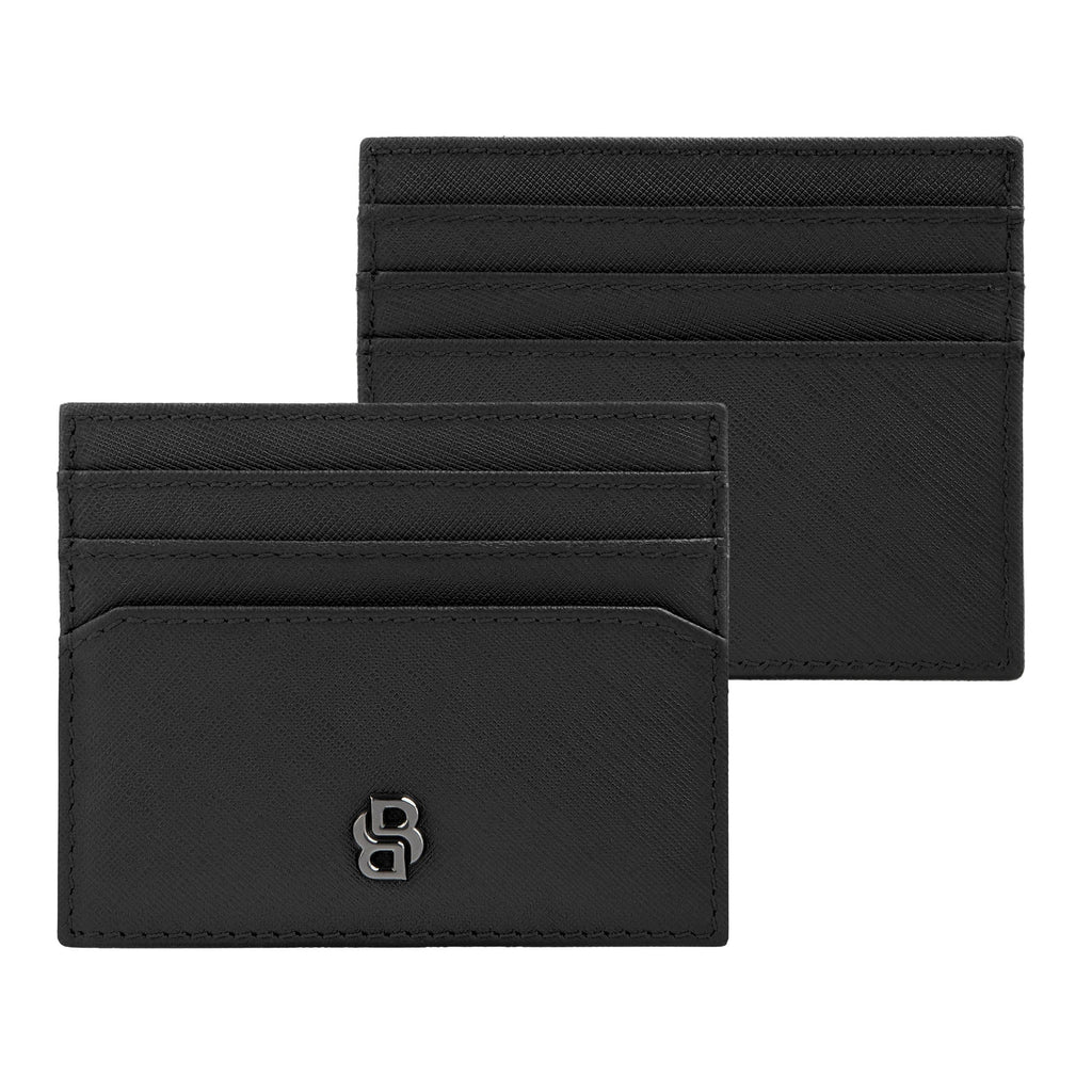 BOSS saffiano black leather card holder with Double B metal plated logo