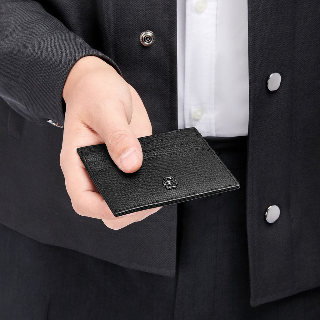 BOSS saffiano black leather card holder with Double B metal plated logo