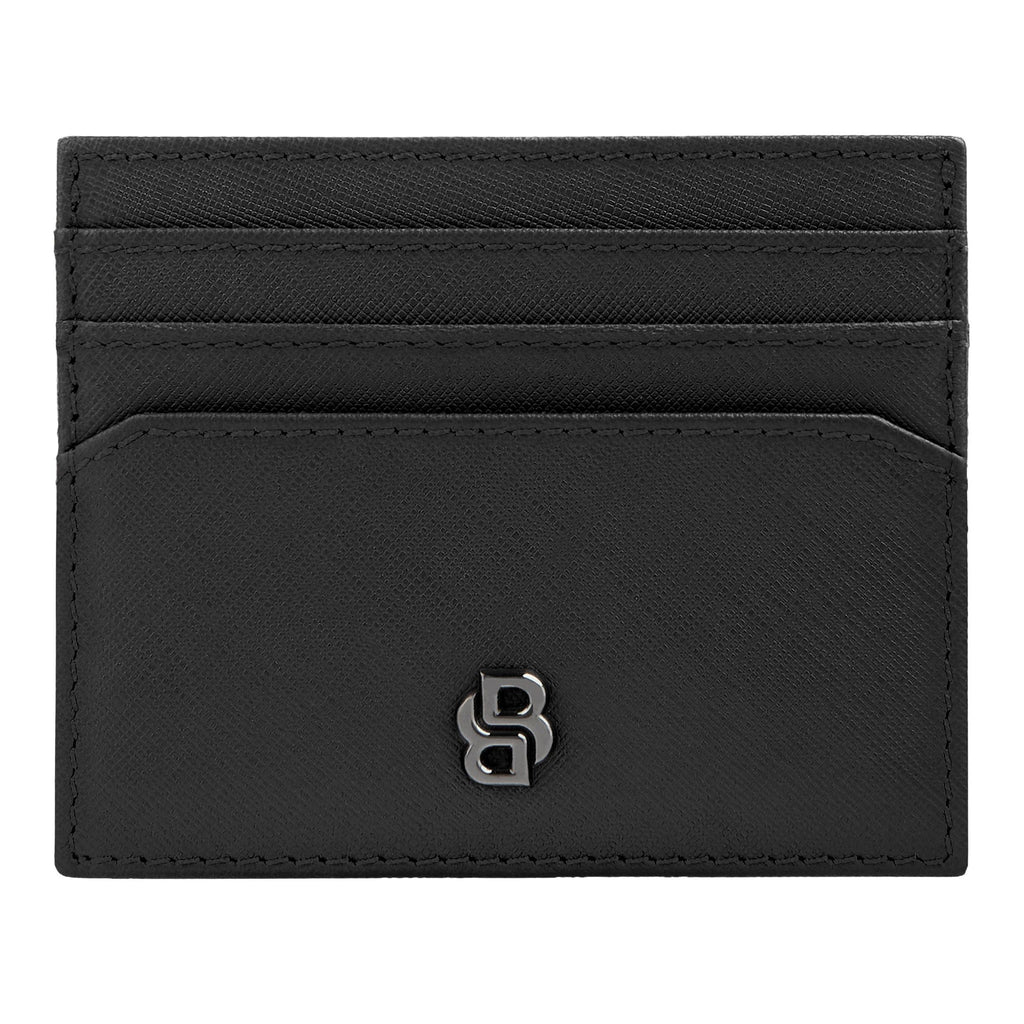 BOSS saffiano black leather card holder with Double B metal plated logo