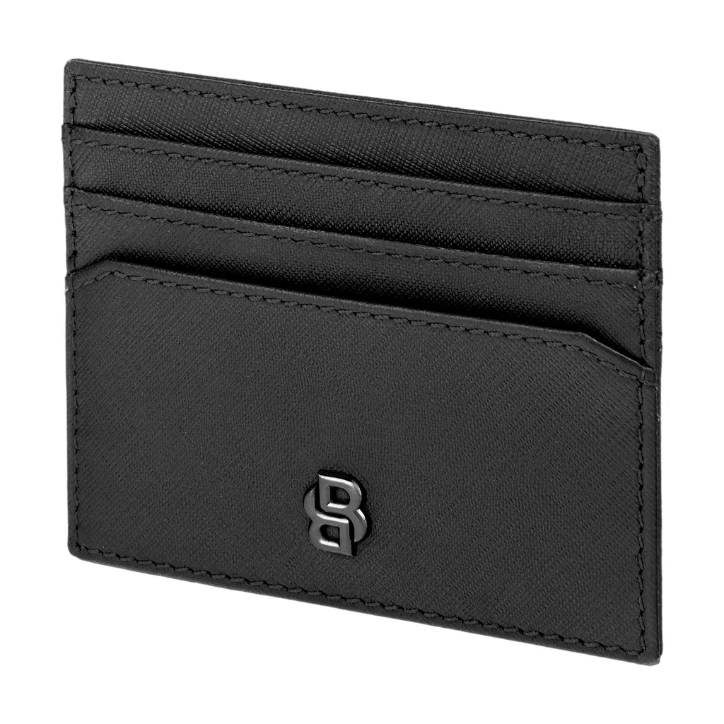 BOSS saffiano black leather card holder with Double B metal plated logo