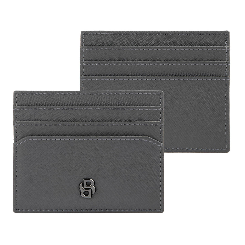 BOSS grey leather card holder with gun-plated Double B metal logo