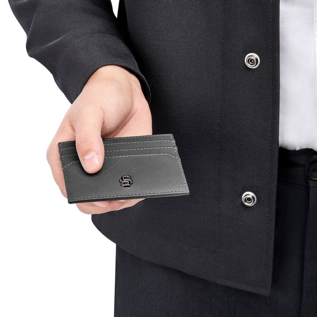 BOSS grey leather card holder with gun-plated Double B metal logo