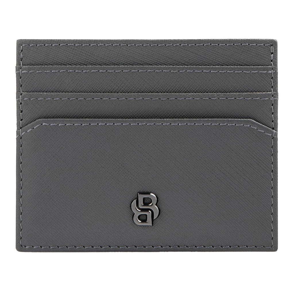BOSS grey leather card holder with gun-plated Double B metal logo
