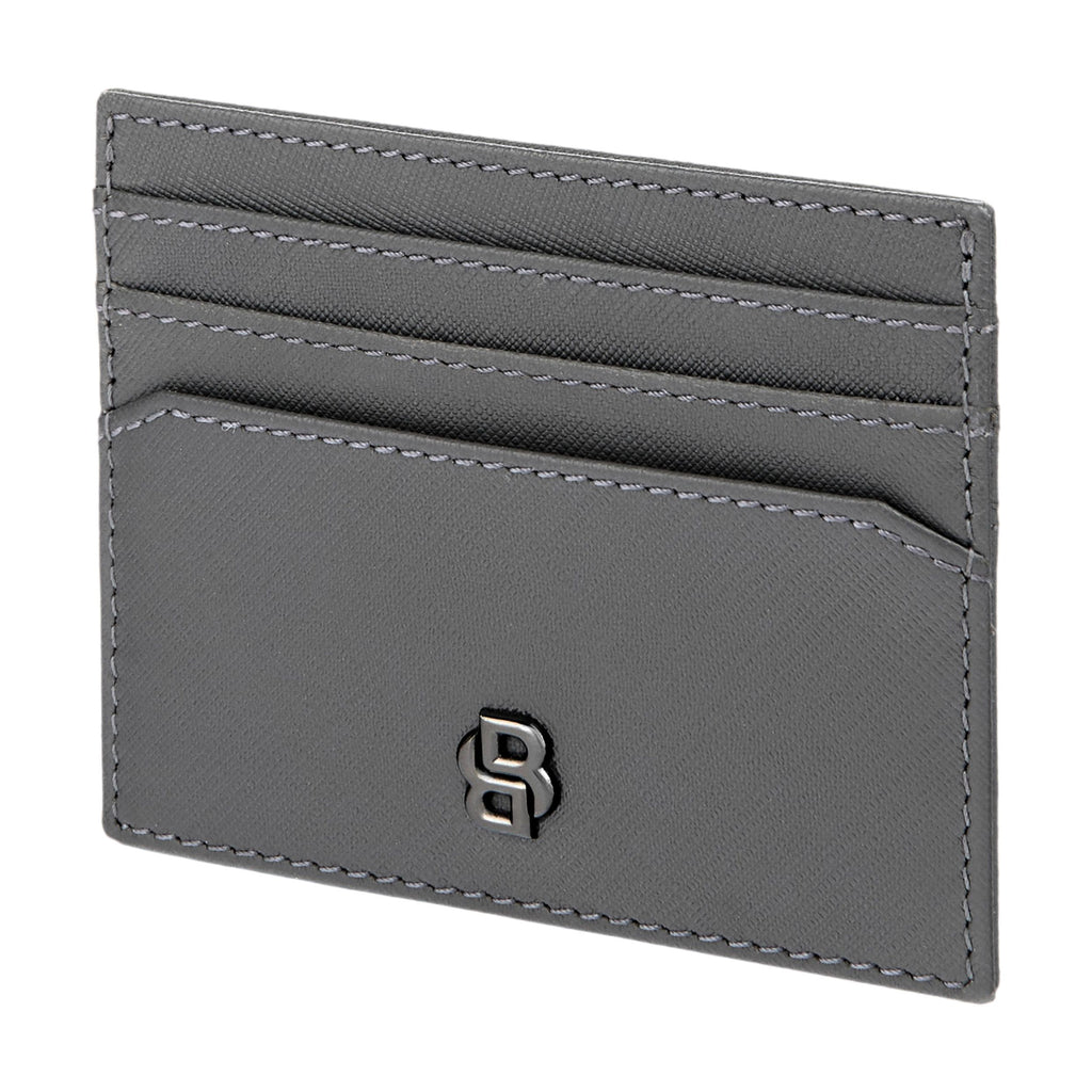 BOSS grey leather card holder with gun-plated Double B metal logo