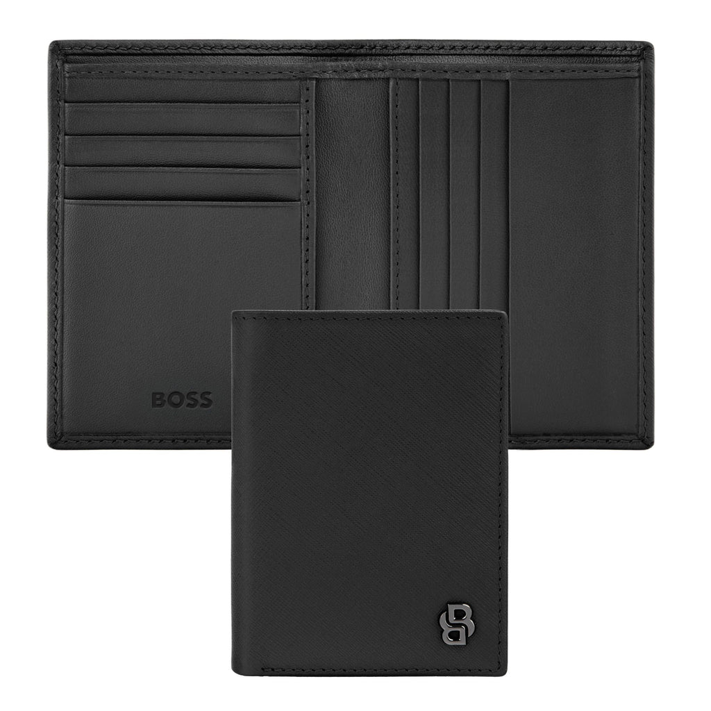 BOSS black leather folding card holder with gun-plated Double B logo 