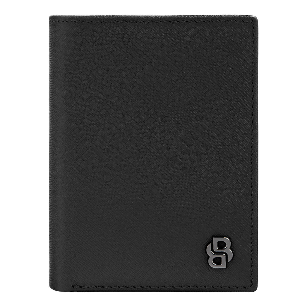 BOSS black leather folding card holder with gun-plated Double B logo 