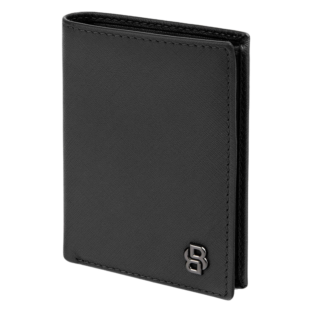 BOSS black leather folding card holder with gun-plated Double B logo 