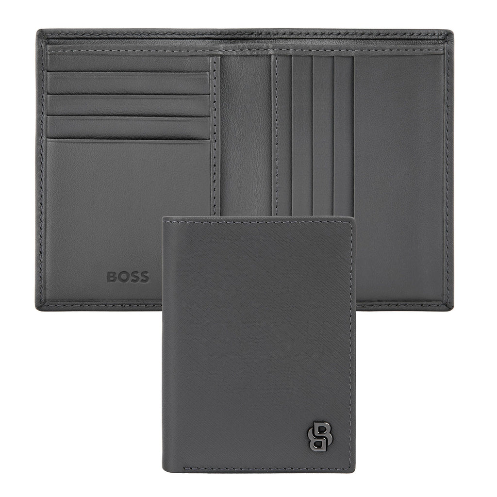BOSS grey bifold card holder with Double B monogram pattern inside lining
