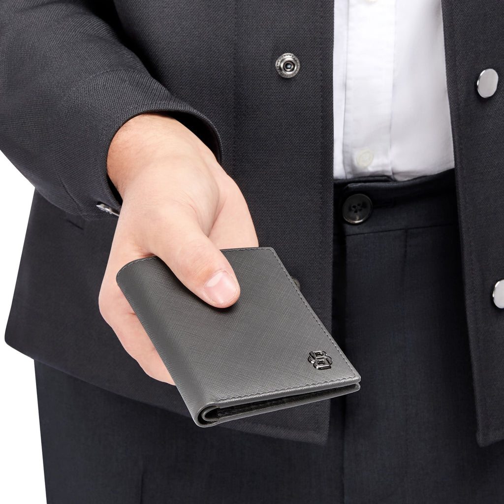 BOSS grey bifold card holder with Double B monogram pattern inside lining