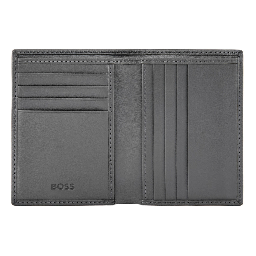 BOSS grey bifold card holder with Double B monogram pattern inside lining
