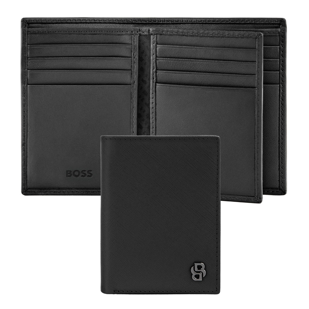 BOSS black leather card holder with flap Double B with 16 card slots 