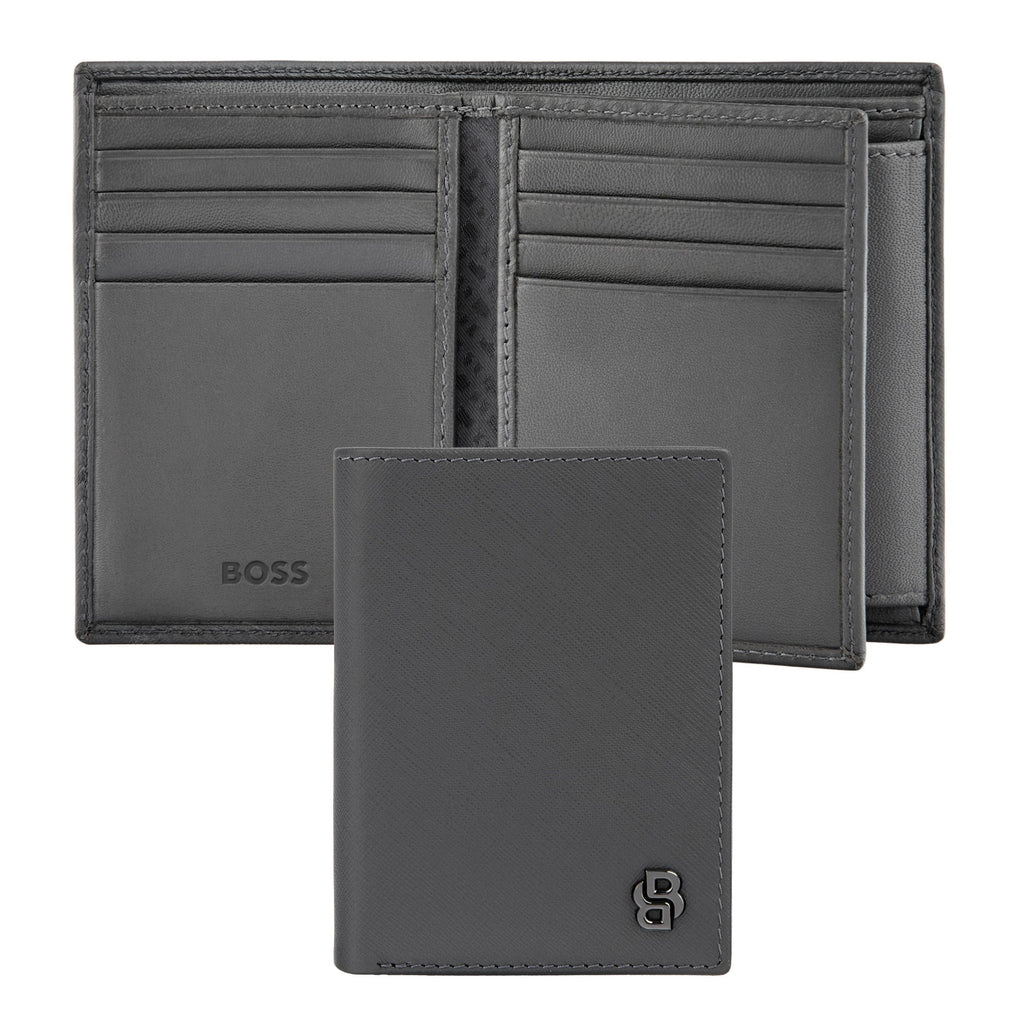 BOSS grey trifold card holder with money pocket and Double B metal logo 