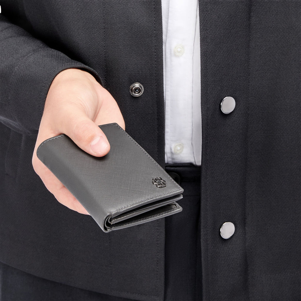 BOSS grey trifold card holder with money pocket and Double B metal logo 