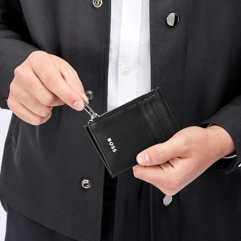 BOSS black soft smooth leather card holder with zipped coin bag