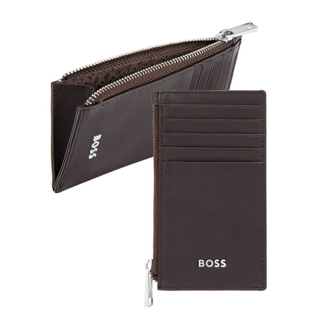 BOSS brown soft leather card holder with 5 card slots & zipped pouch